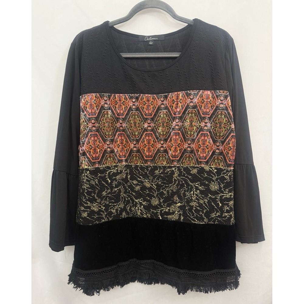 Calessa Black Mixed Fabric Print Tunic Top Fringe‎ Hem Bell Sleeve Womens Size L